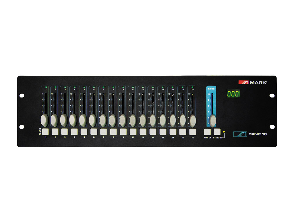 Controlador DMX 16 canales DRIVE 16 - vista frontal con faders y pulsadores Flash
