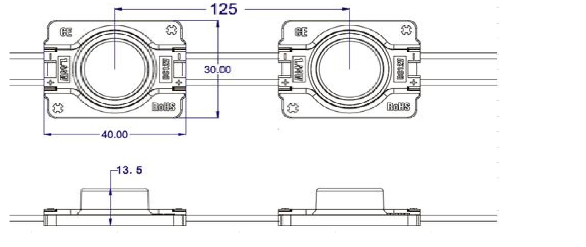 Croquis de medidas del módulo LED perimetral 12V 1,44W con lente asimétrica IP67: 40 × 30 × 13,5 mm y 125 mm entre centros