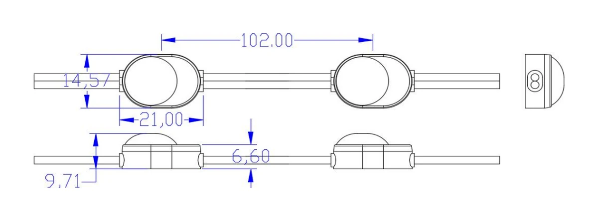 Croquis de medidas del módulo LED mini 12V GPT-2835HE-036: 21 × 14,57 × 9,71 mm y 102 mm entre módulos