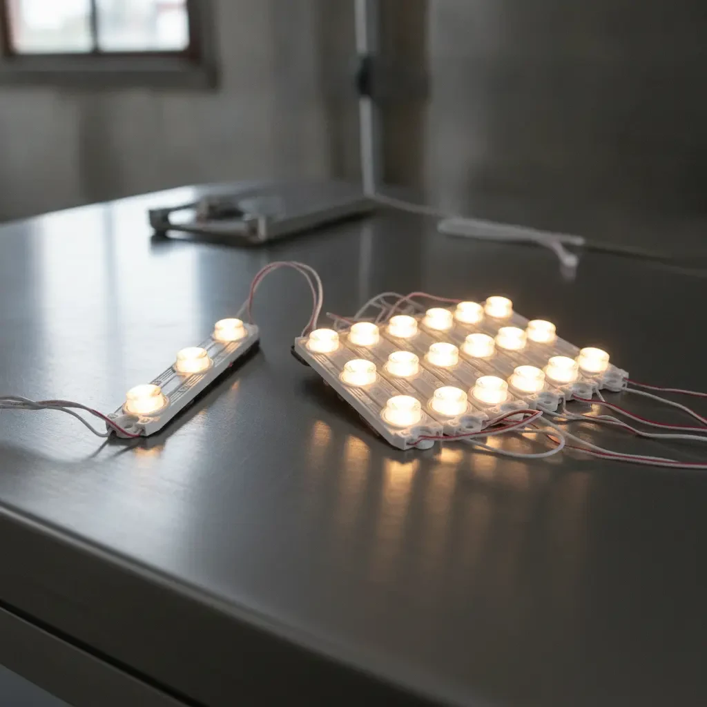 Modules LED périmétriques CREE 6W 12V allumés en blanc chaud 3000K éclairant un caisson lumineux