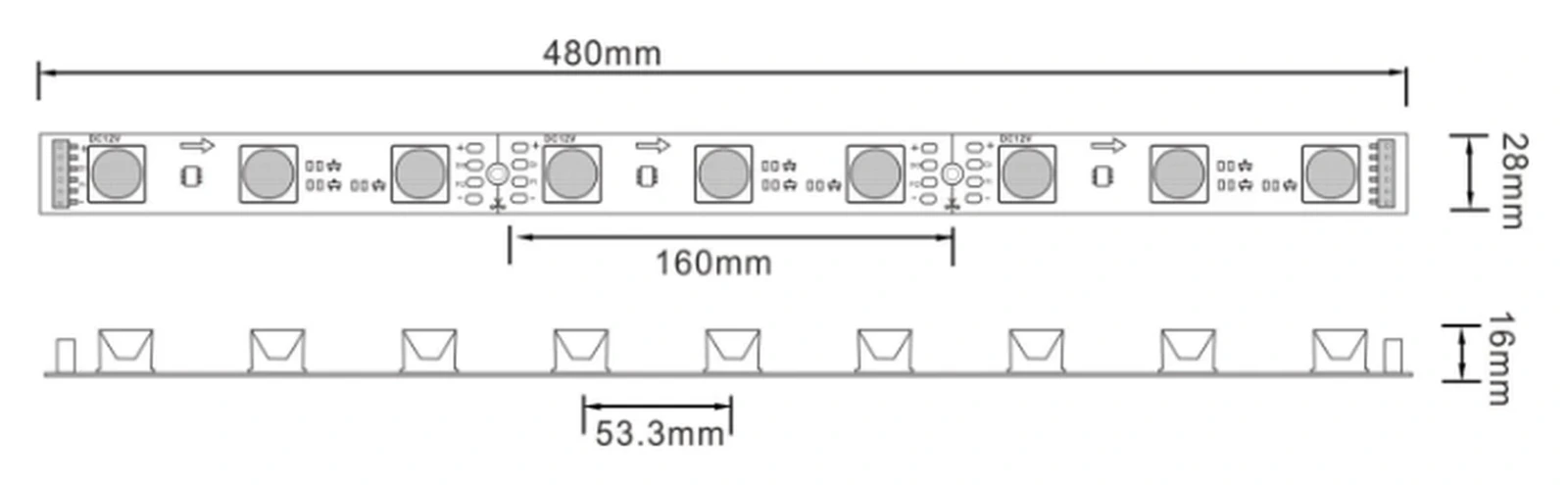 Plan coté du lèche-mur LED RGB pixel numérique 12V 12W : 480 × 28 × 16 mm, sections de 160 mm et pas de 53,3 mm