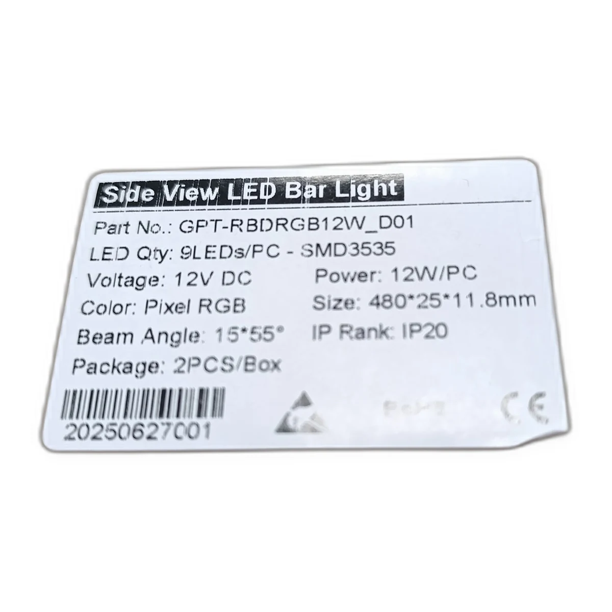 Étiquette d’emballage du lèche-mur LED RGB Digital Pixel GPT-RBDRGB12W_D01 avec données techniques