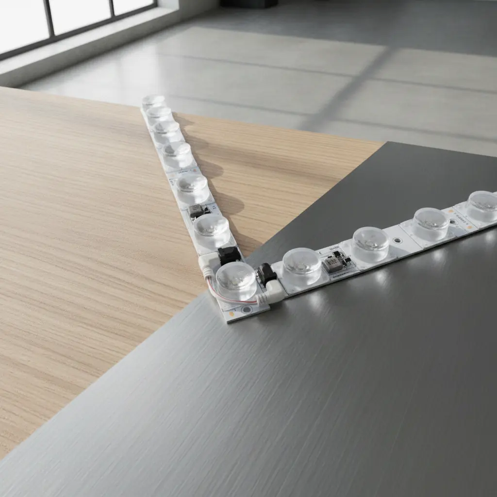 Dois banhadores de parede LED 27W Samsung unidos a 90 graus para iluminar o canto de uma caixa de luz perimetral