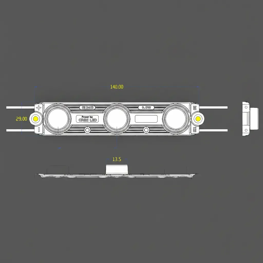Plan technique coté en mm du module LED périmétrique CREE 6W 12V : 140 x 29 x 13,5 mm et optique 15°x55°