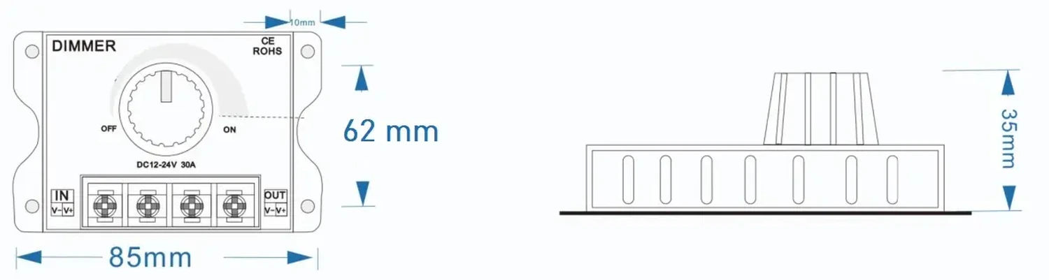 Controlador Dimmer LED 30A 12V-24V – Regulador PWM monocolor — gallery/gpt dim30 am2 medidas
