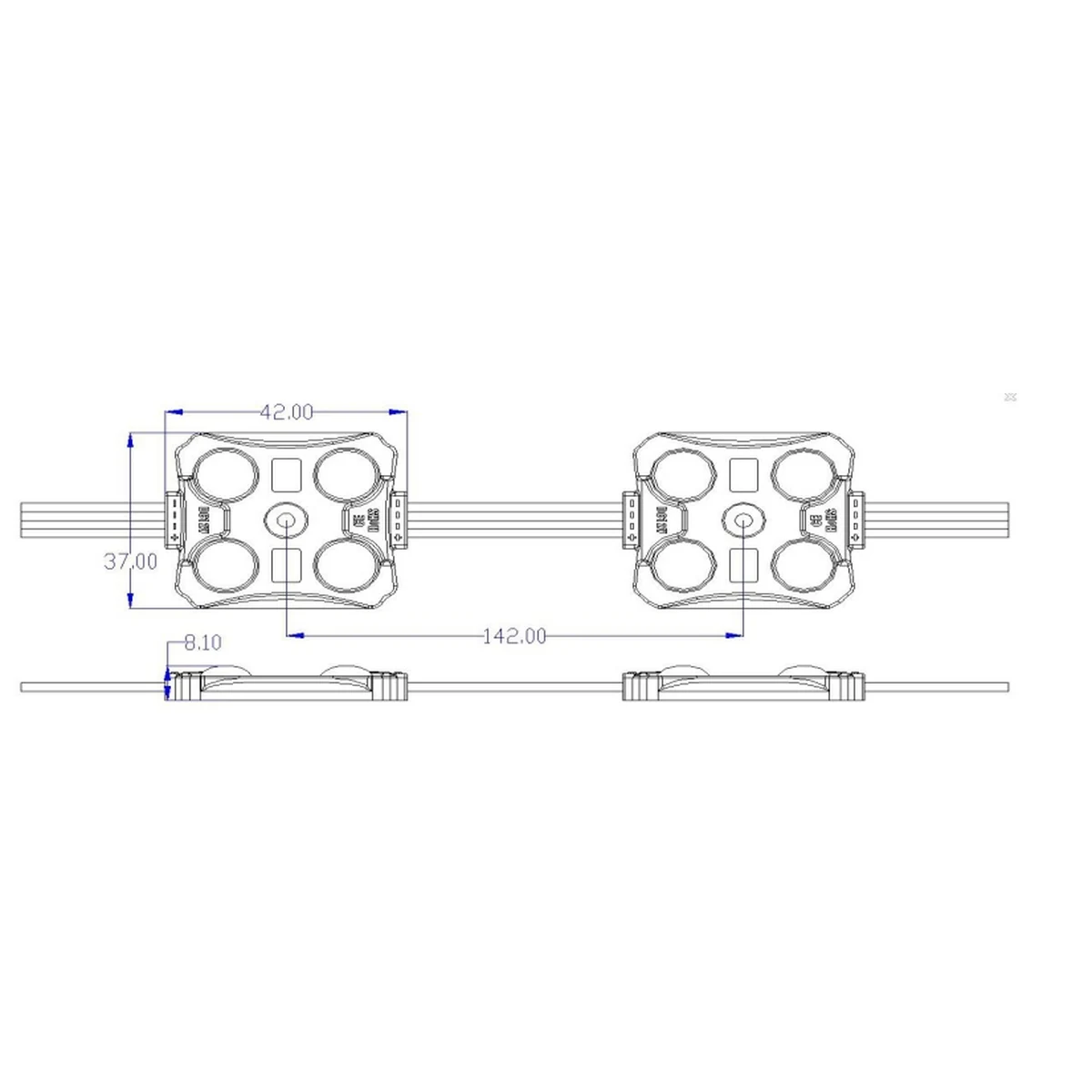 Plano técnico del módulo LED RGB GPT-50504RGB con cotas 42 × 37 × 8,1 mm y cableado RGB de interconexión a 142 mm