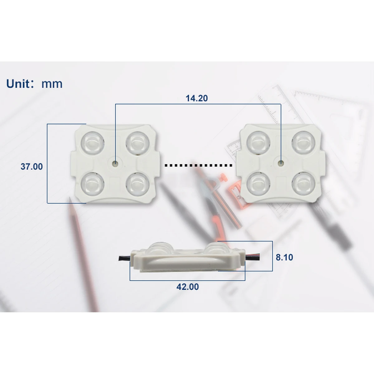 Plano visual del módulo LED RGB 24V 1,44W con medidas 42 × 37 × 8,1 mm y separación de 142 mm entre módulos