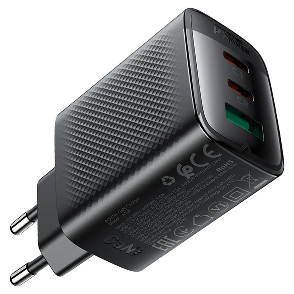 Close-up of the 2x USB-C 67W PD and 1x USB-A QC connectors on the Acefast A108 charger