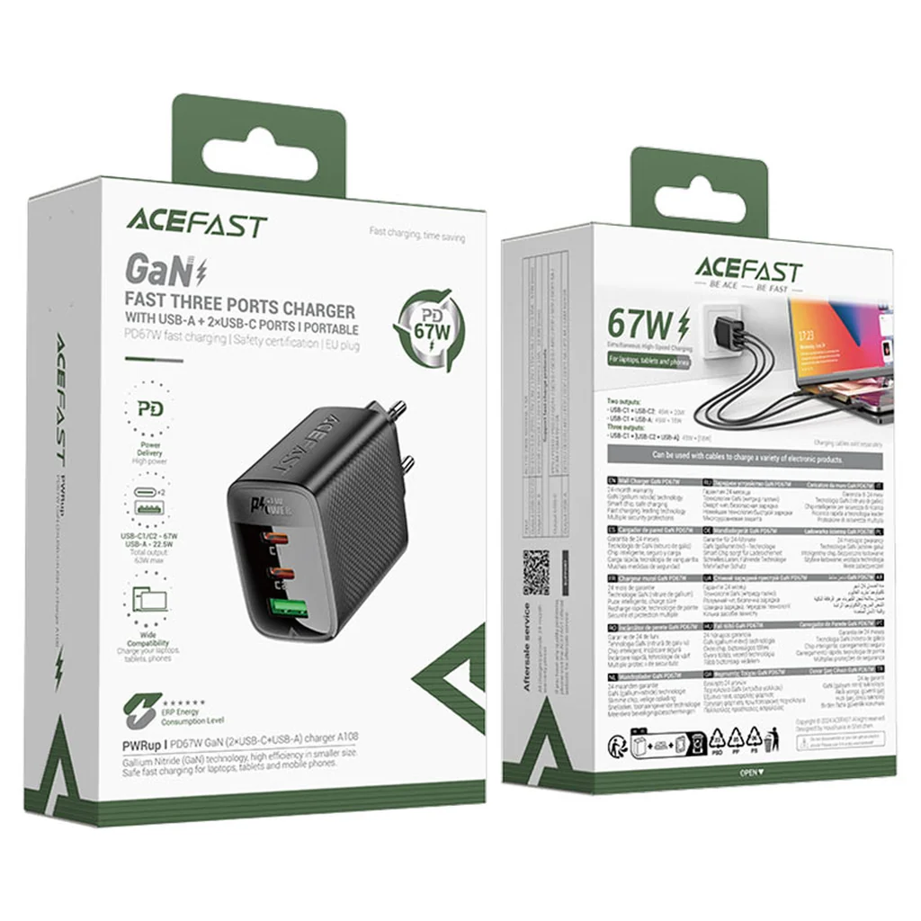 Original retail box and packaging of the Acefast A108 67W GaN fast charger