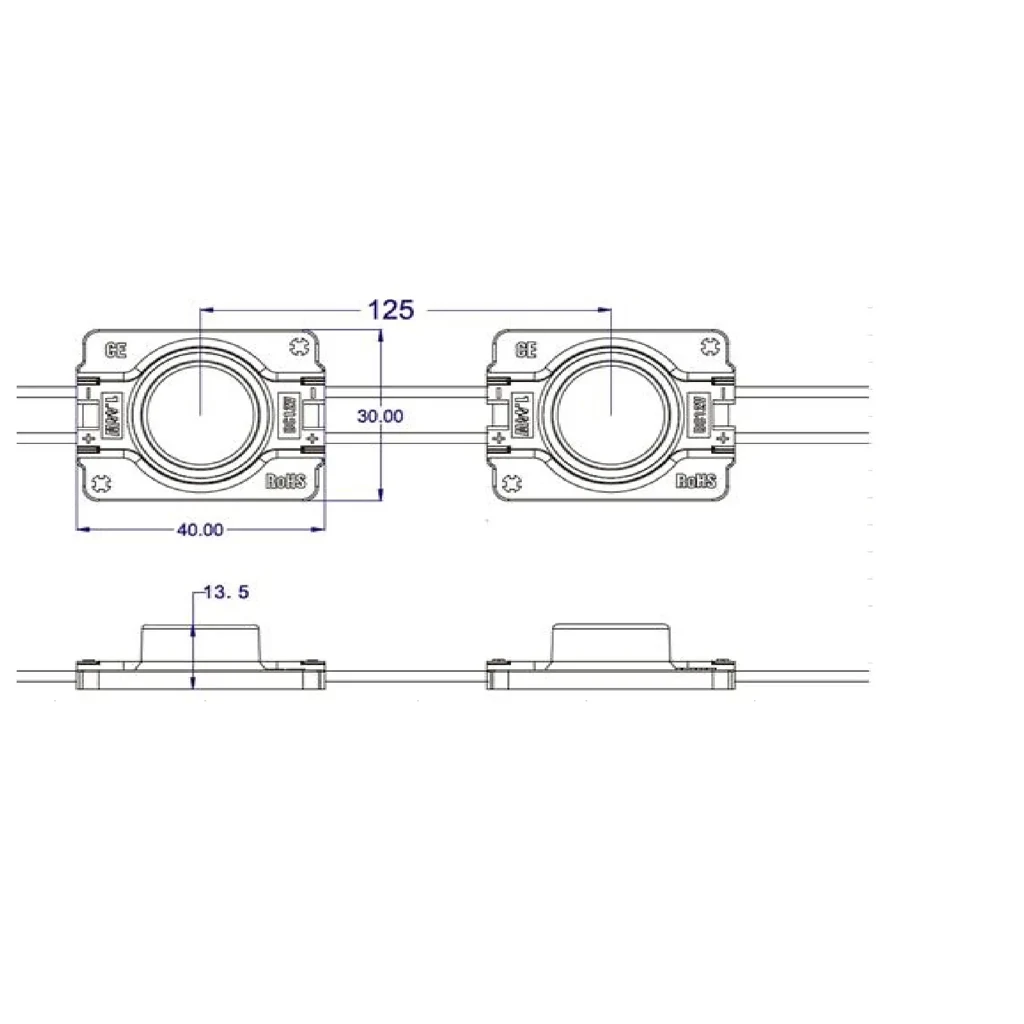 Schéma coté du module LED périmétrique 12V 1,44W : 40 x 30 x 13,5 mm et 125 mm entre axes