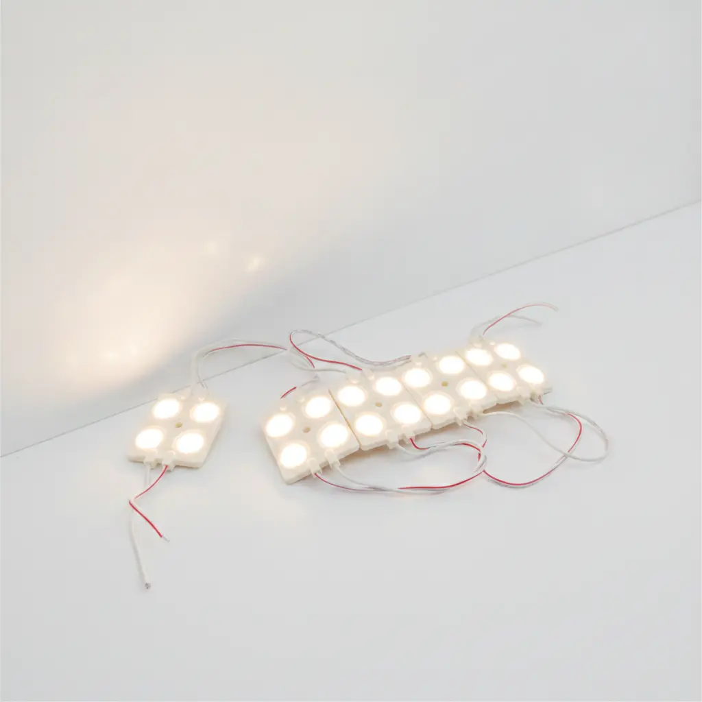 Modules LED 24V 1,44W à 4 diodes allumés en blanc chaud 3000K montrant l’ouverture de 160°