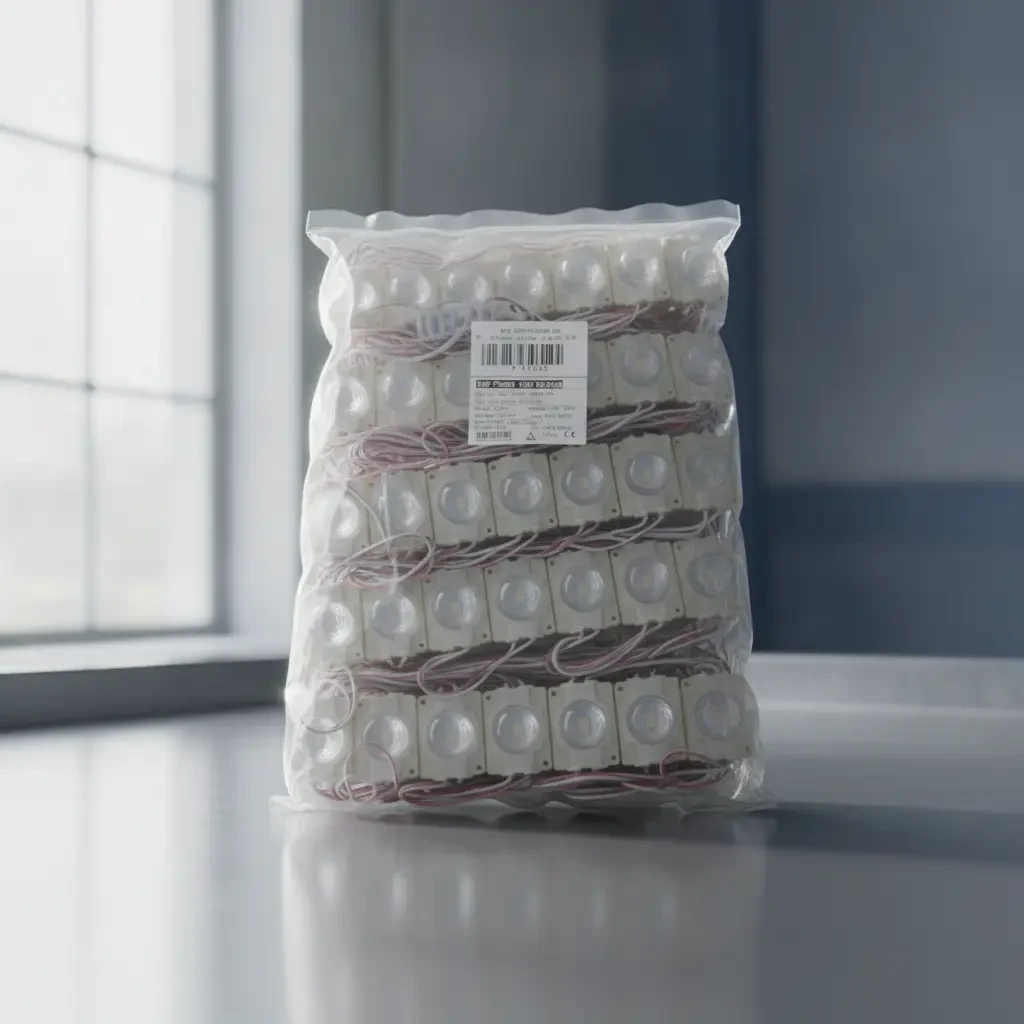 Emballage industriel de modules LED périmétriques 12V en sachet avec étiquette technique, marquage CE et lot
