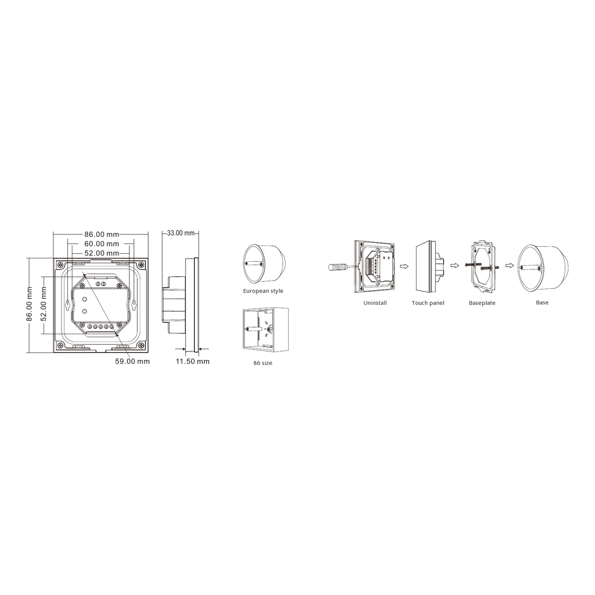 Skydance T1 LED dimmer technical data, controls and dimension drawing