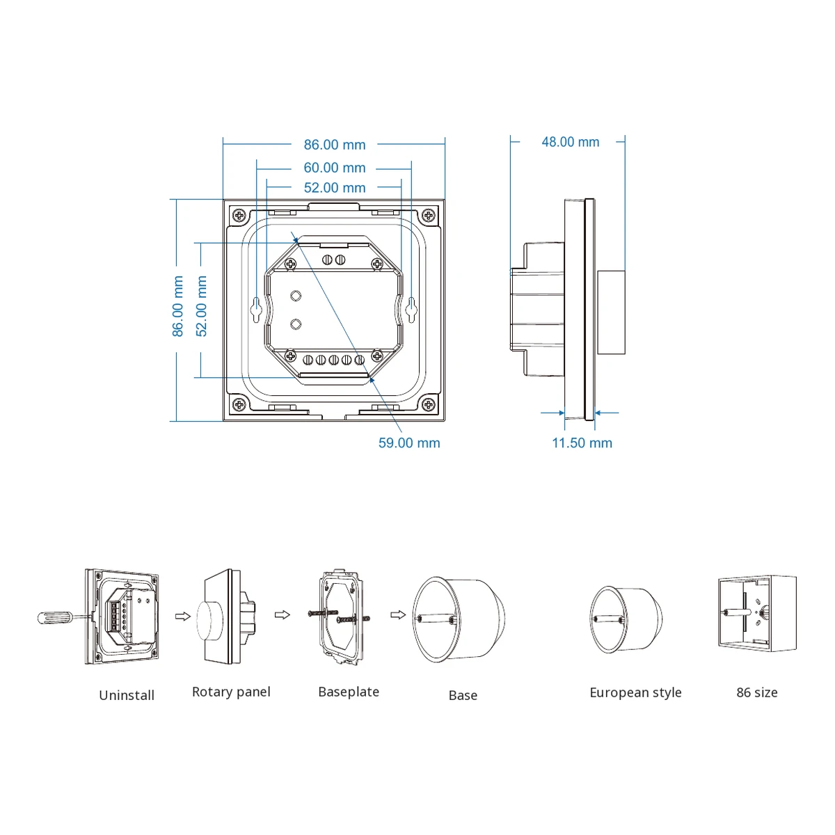 Skydance T1-K LED dimmer technical data, controls and dimension drawing