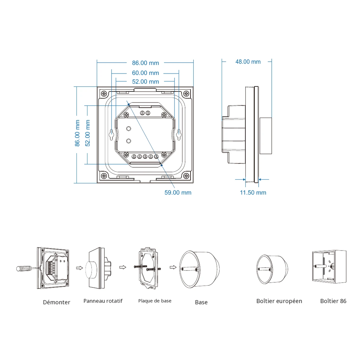 Données et dimensions du variateur LED Skydance T1-K Variateur LED Skydance T1-K : données techniques, commandes et plan coté