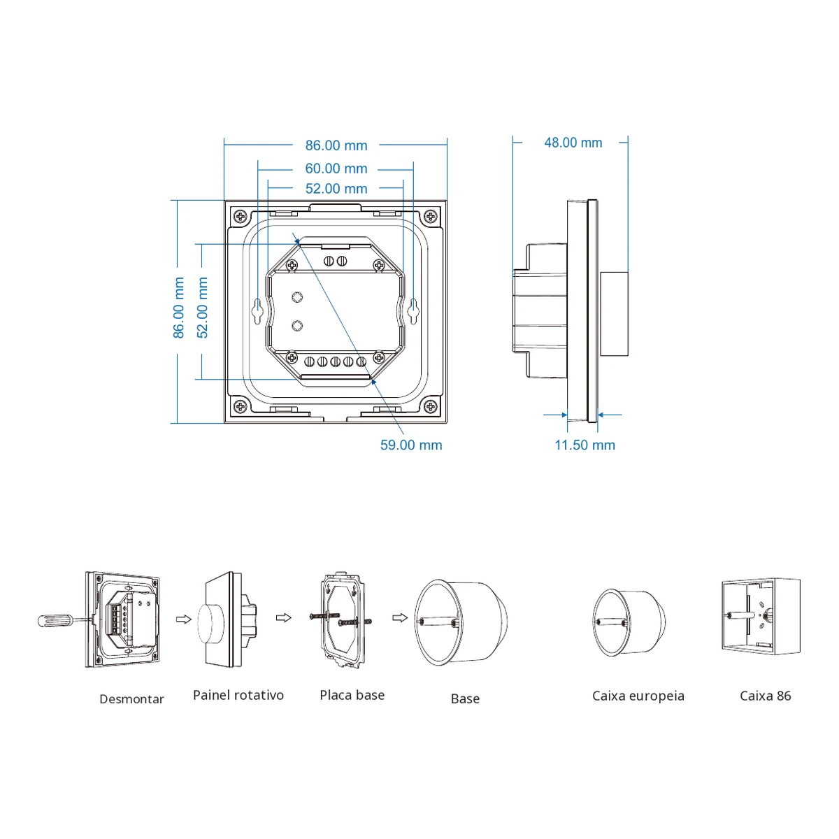 Dados e dimensões do dimmer LED Skydance T1-K Dimmer LED Skydance T1-K: dados técnicos, controlos e desenho de dimensões