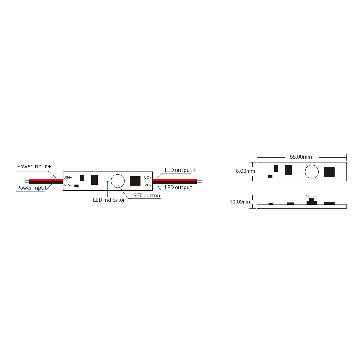 Skydance V1-A LED dimmer technical data, controls and dimension drawing