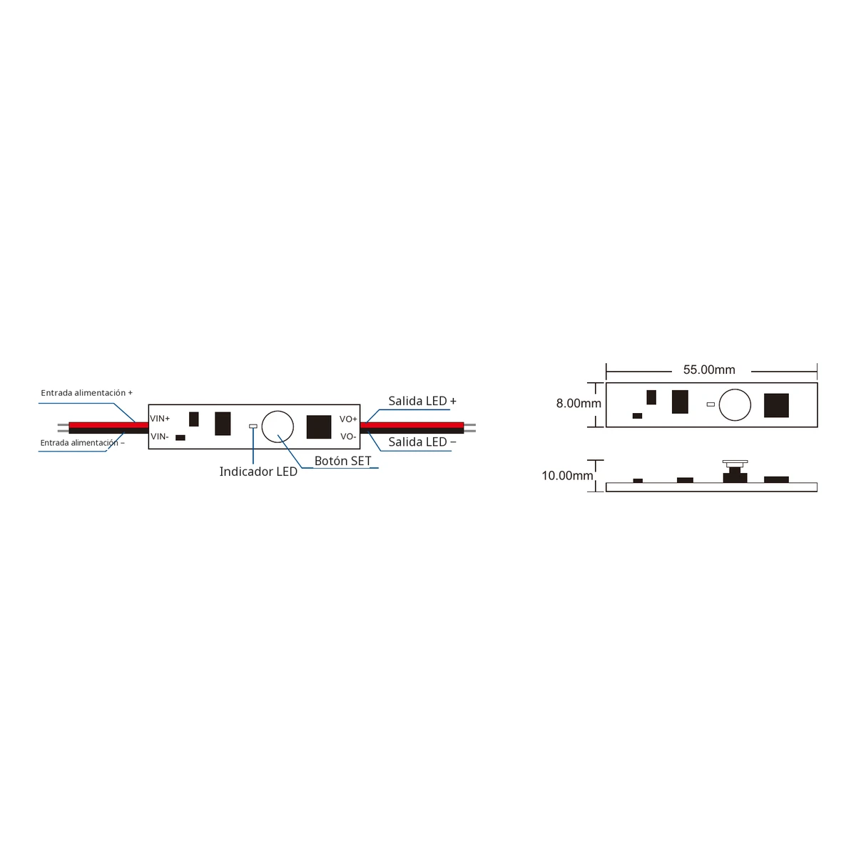 Datos técnicos y dimensiones del dimmer LED Skydance V1-A Dimmer LED Skydance V1-A: ficha técnica, controles y croquis de dimensiones