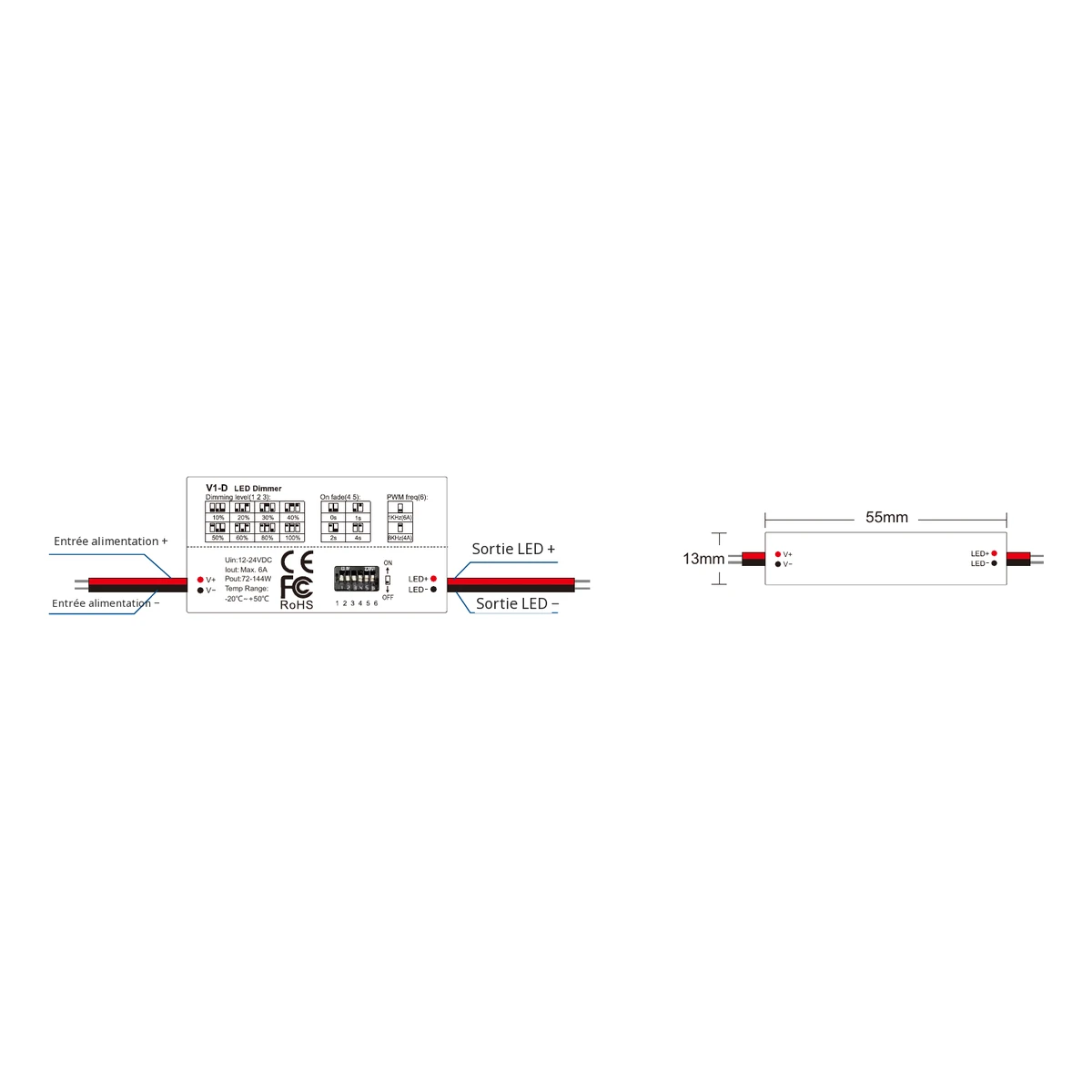 Variateur LED Skydance V1-D : données techniques, commandes et plan coté