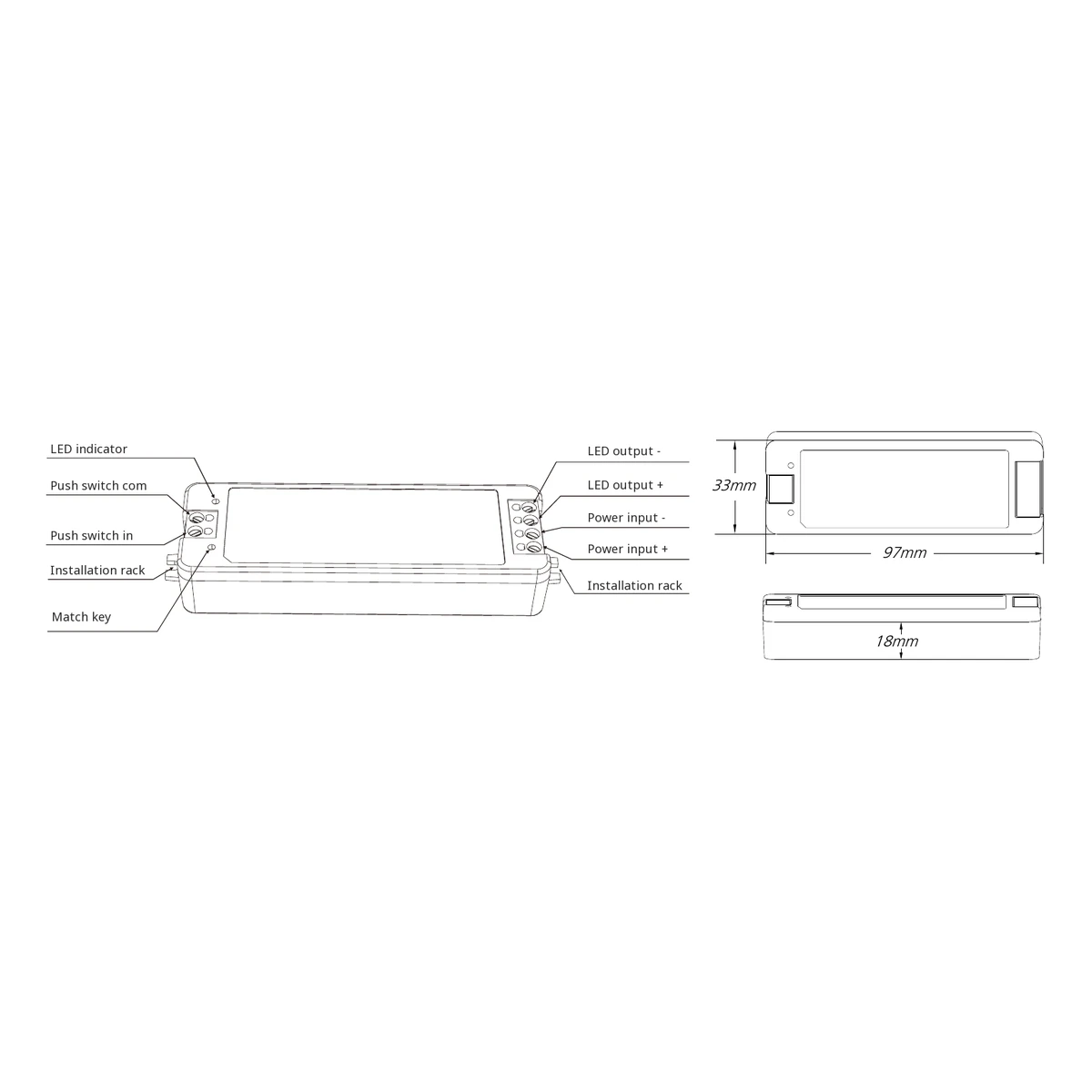 Skydance V1 LED dimmer data and dimensions Skydance V1 LED dimmer technical data, controls and dimension drawing
