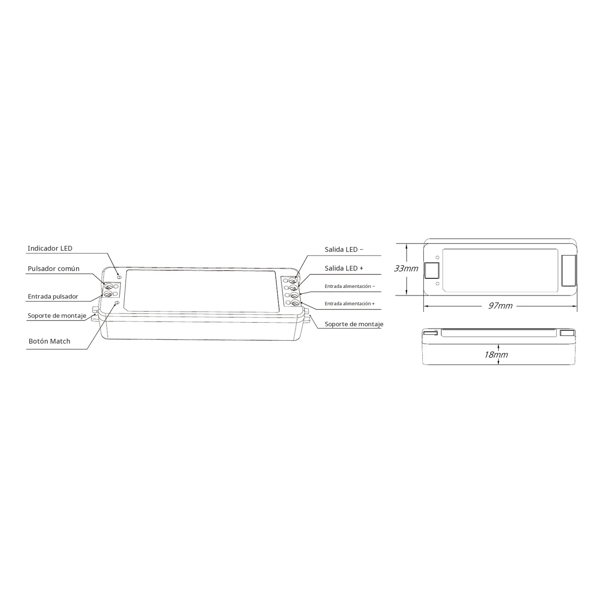 Dimmer LED Skydance V1: ficha técnica, controles y croquis de dimensiones