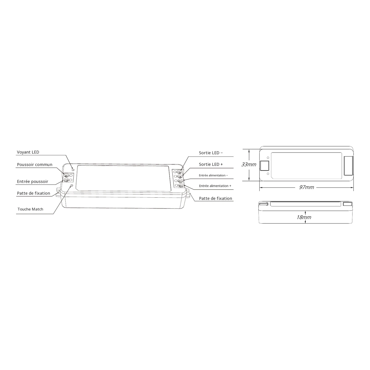 Données et dimensions du variateur LED Skydance V1 Variateur LED Skydance V1 : données techniques, commandes et plan coté