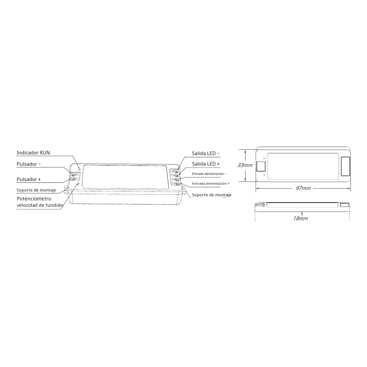 Dimmer LED Skydance V1-F: ficha técnica, controles y croquis de dimensiones