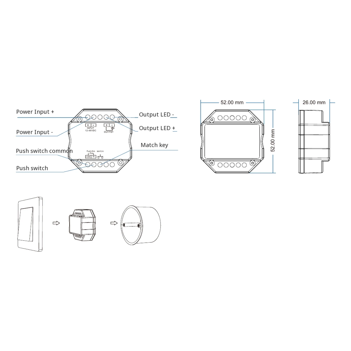 Skydance V1-H LED dimmer technical data, controls and dimension drawing