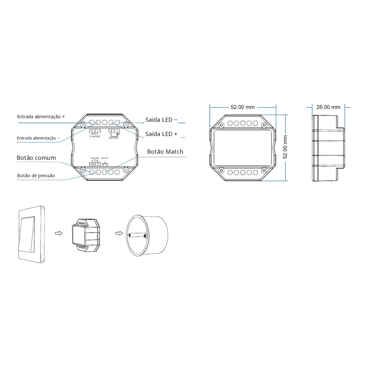 Dados e dimensões do dimmer LED Skydance V1-H Dimmer LED Skydance V1-H: dados técnicos, controlos e desenho de dimensões
