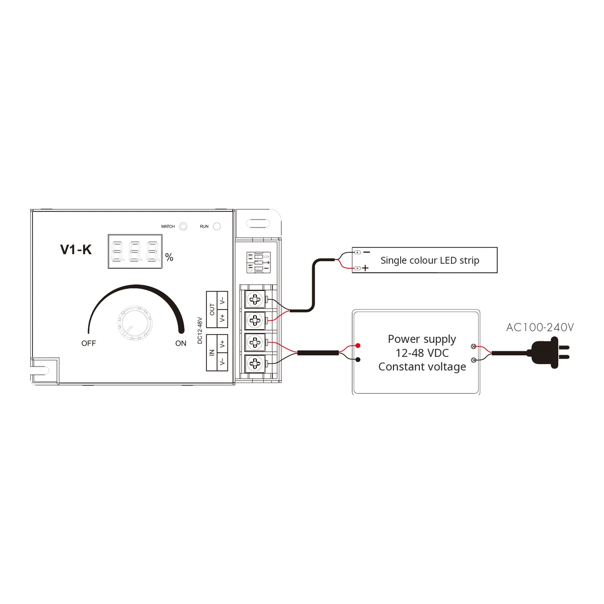 Skydance V1-K LED dimmer official wiring and installation diagram