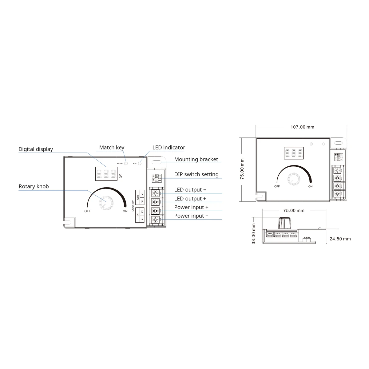 Skydance V1-K LED dimmer technical data, controls and dimension drawing