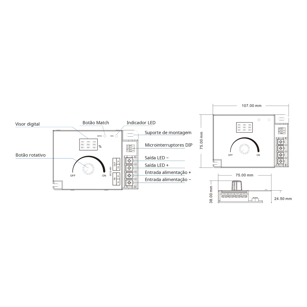 Dados e dimensões do dimmer LED Skydance V1-K Dimmer LED Skydance V1-K: dados técnicos, controlos e desenho de dimensões