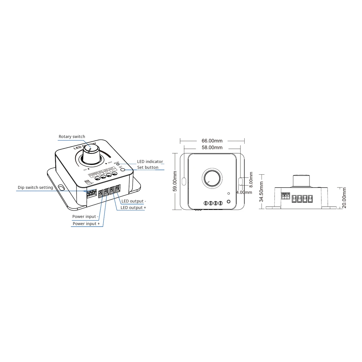 Skydance V1-KC LED dimmer data and dimensions Skydance V1-KC LED dimmer technical data, controls and dimension drawing