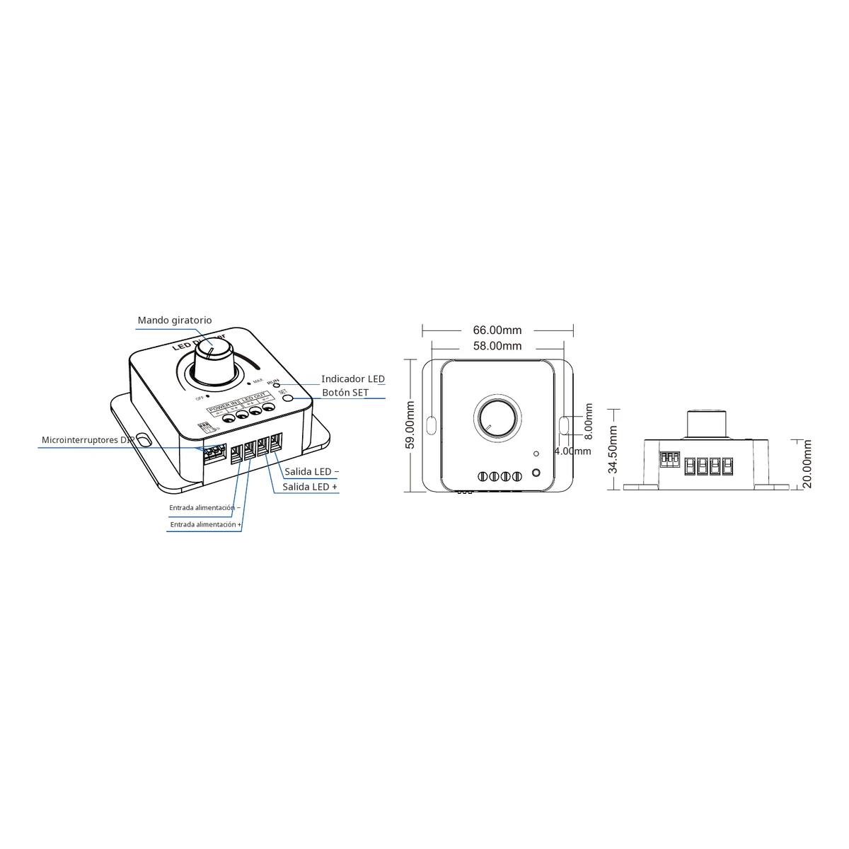 Dimmer LED Skydance V1-KC: ficha técnica, controles y croquis de dimensiones