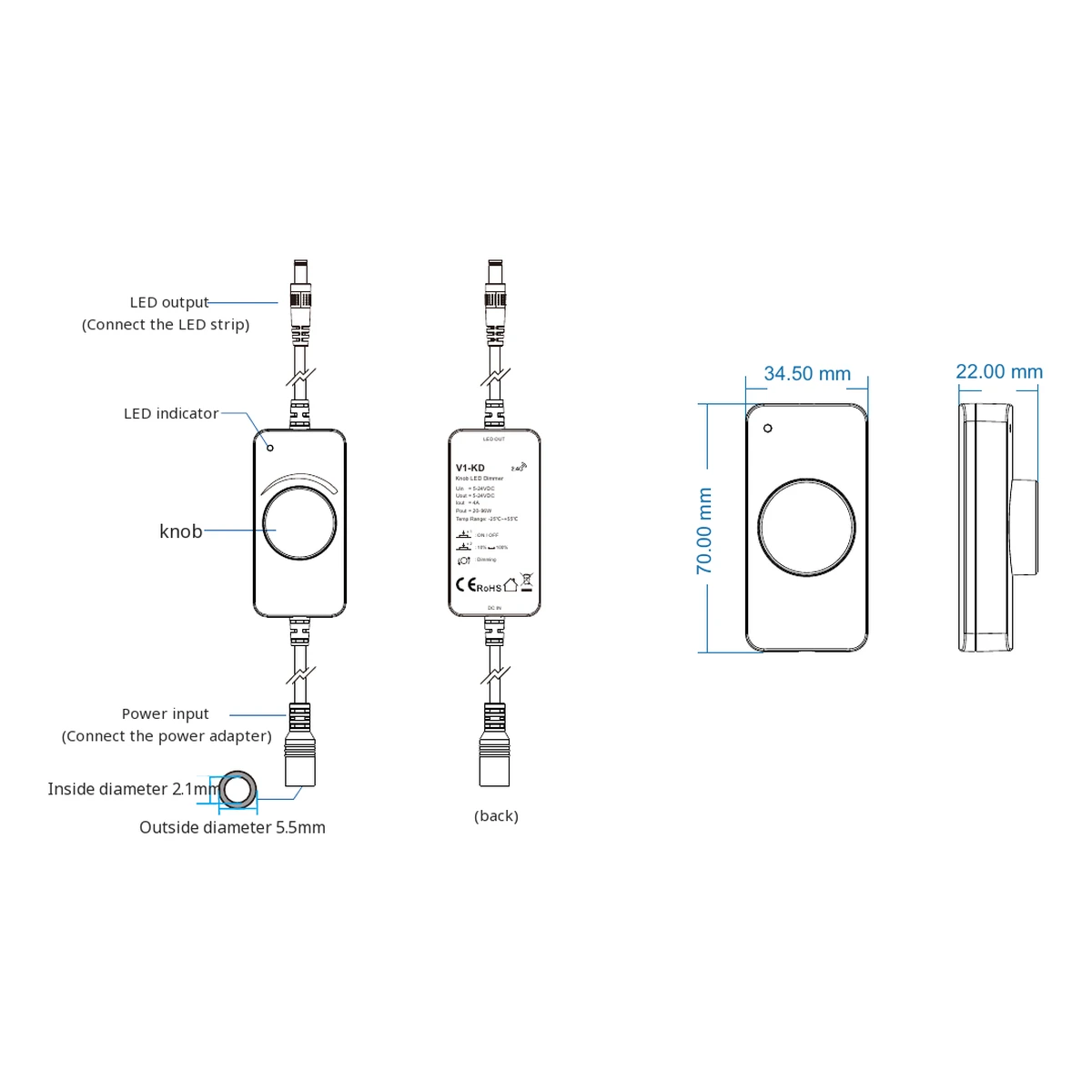 Skydance V1-KD LED dimmer technical data, controls and dimension drawing