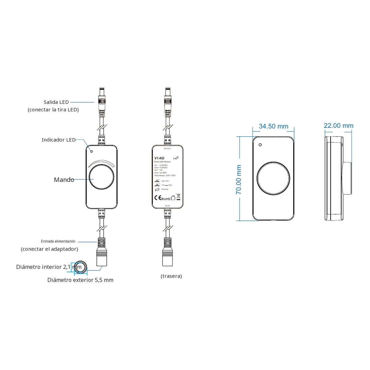 Dimmer LED Skydance V1-KD: ficha técnica, controles y croquis de dimensiones