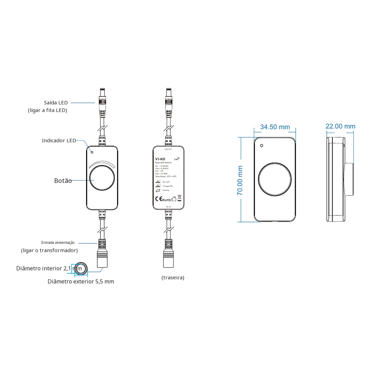 Dimmer LED Skydance V1-KD: dados técnicos, controlos e desenho de dimensões