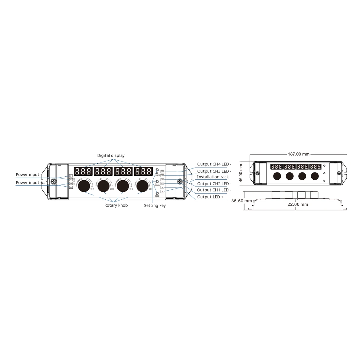 Skydance V1-KF LED dimmer technical data, controls and dimension drawing
