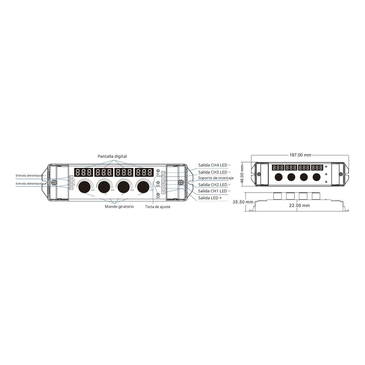 Dimmer LED Skydance V1-KF: ficha técnica, controles y croquis de dimensiones