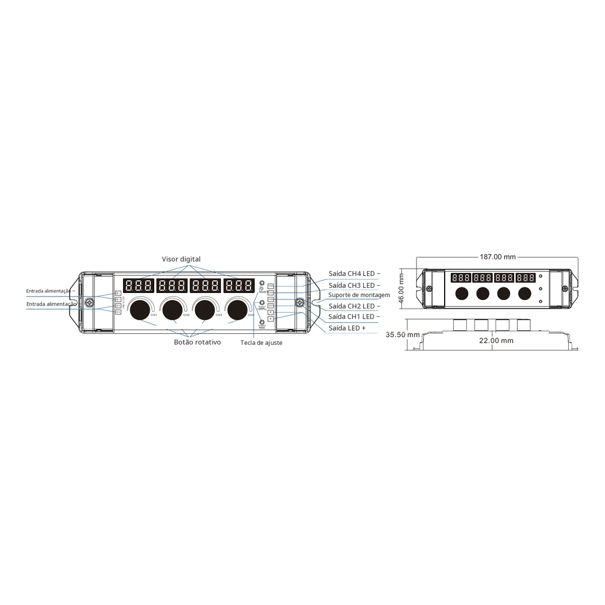 Dados e dimensões do dimmer LED Skydance V1-KF Dimmer LED Skydance V1-KF: dados técnicos, controlos e desenho de dimensões