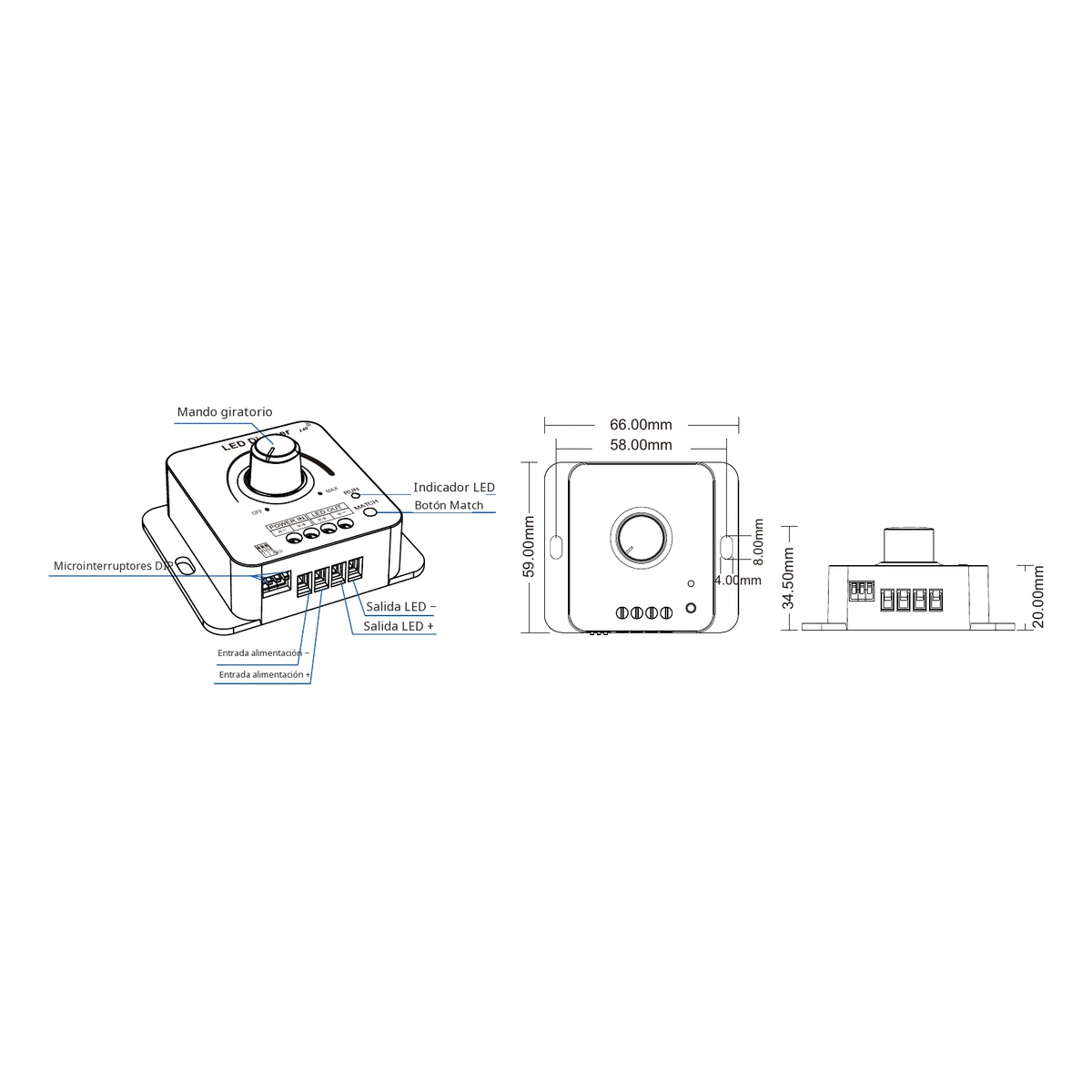 Datos técnicos y dimensiones del dimmer LED Skydance V1-KS Dimmer LED Skydance V1-KS: ficha técnica, controles y croquis de dimensiones