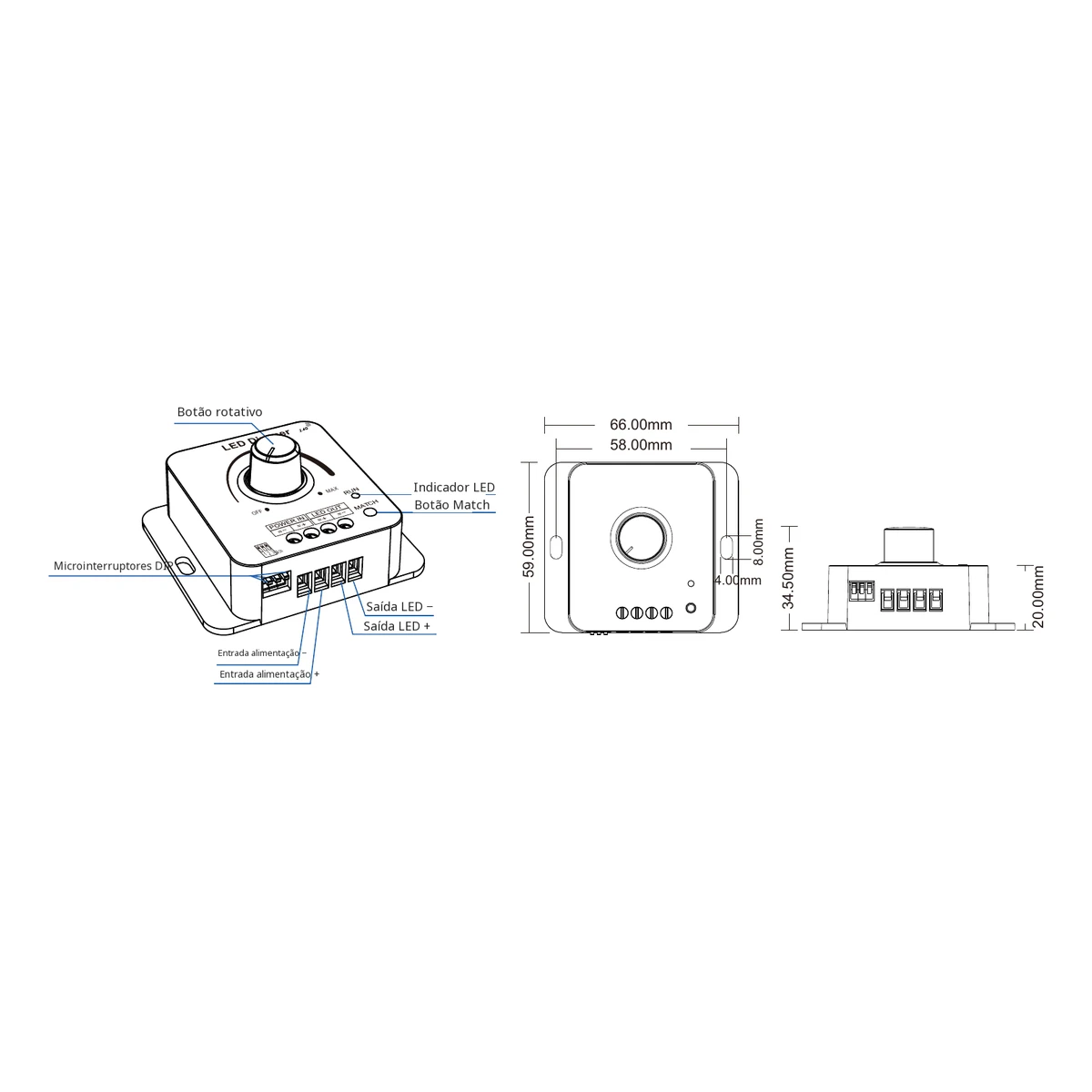 Dados e dimensões do dimmer LED Skydance V1-KS Dimmer LED Skydance V1-KS: dados técnicos, controlos e desenho de dimensões