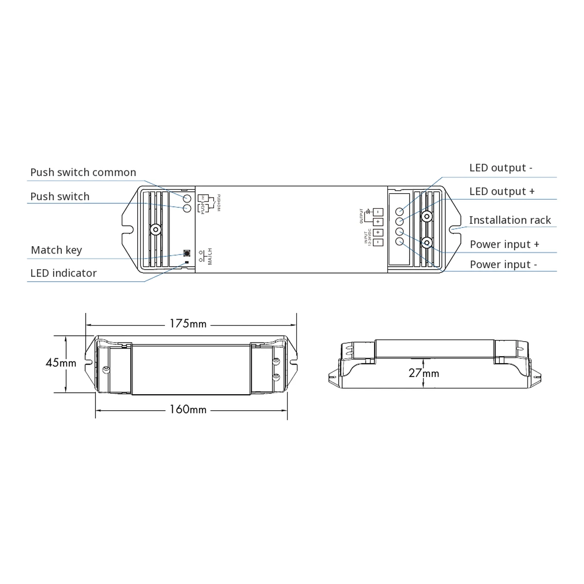 Skydance V1-L LED dimmer technical data, controls and dimension drawing