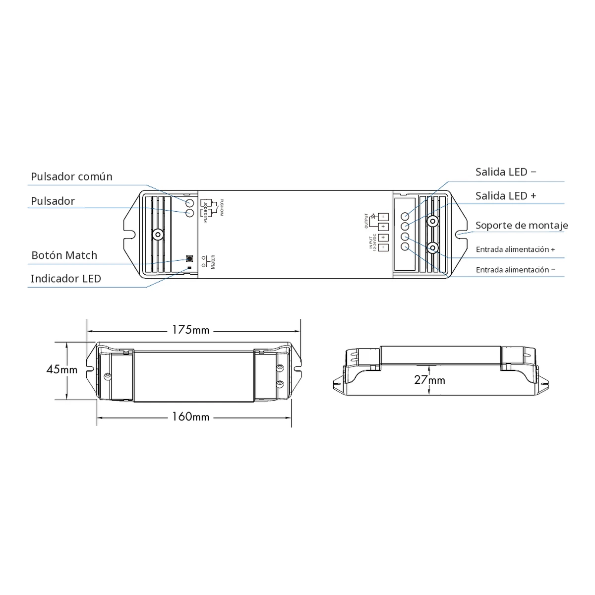 Dimmer LED Skydance V1-L: ficha técnica, controles y croquis de dimensiones