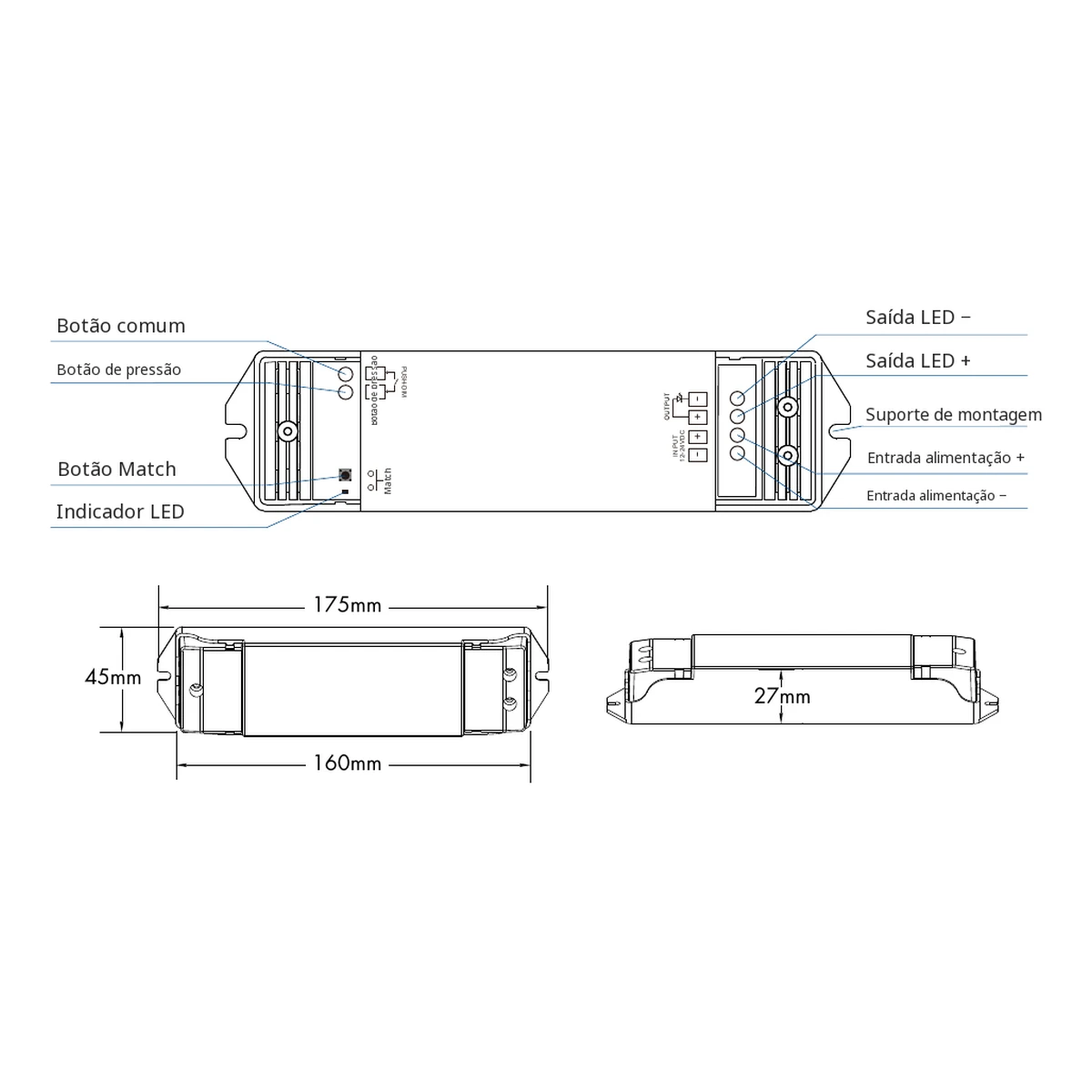 Dados e dimensões do dimmer LED Skydance V1-L Dimmer LED Skydance V1-L: dados técnicos, controlos e desenho de dimensões