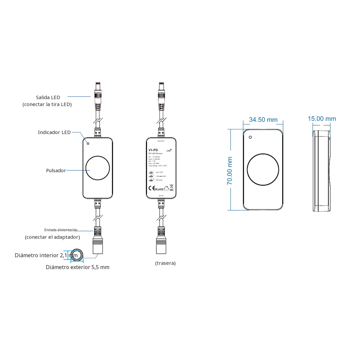 Dimmer LED Skydance V1-PD: ficha técnica, controles y croquis de dimensiones