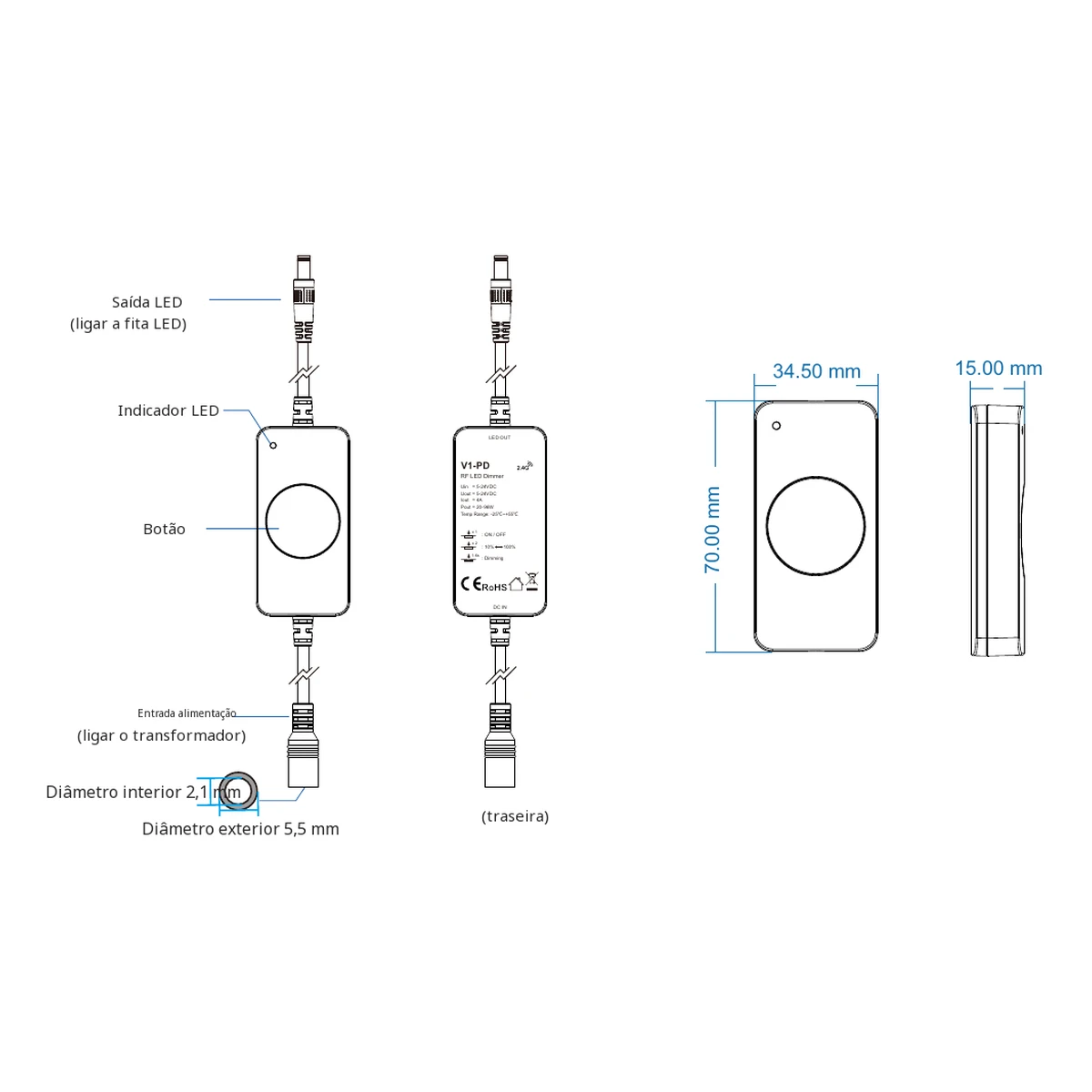Dados e dimensões do dimmer LED Skydance V1-PD Dimmer LED Skydance V1-PD: dados técnicos, controlos e desenho de dimensões