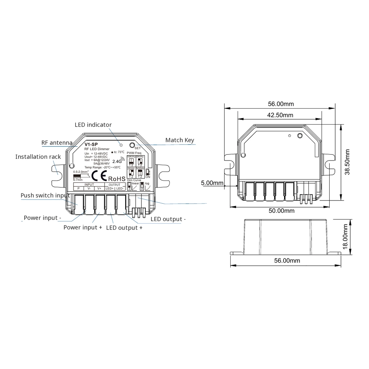 Skydance V1-SP LED dimmer technical data, controls and dimension drawing
