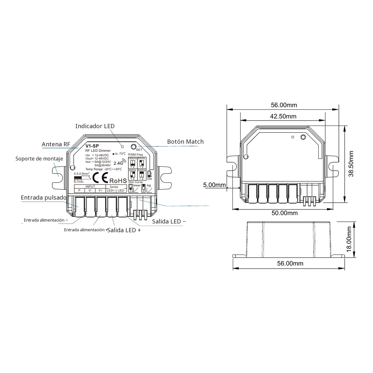 Dimmer LED Skydance V1-SP: ficha técnica, controles y croquis de dimensiones