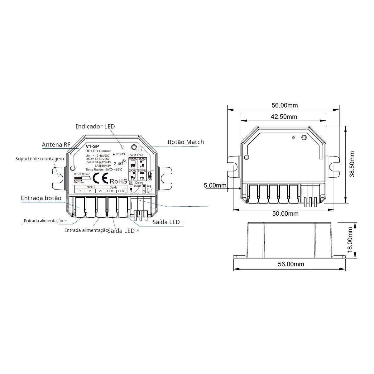 Dados e dimensões do dimmer LED Skydance V1-SP Dimmer LED Skydance V1-SP: dados técnicos, controlos e desenho de dimensões